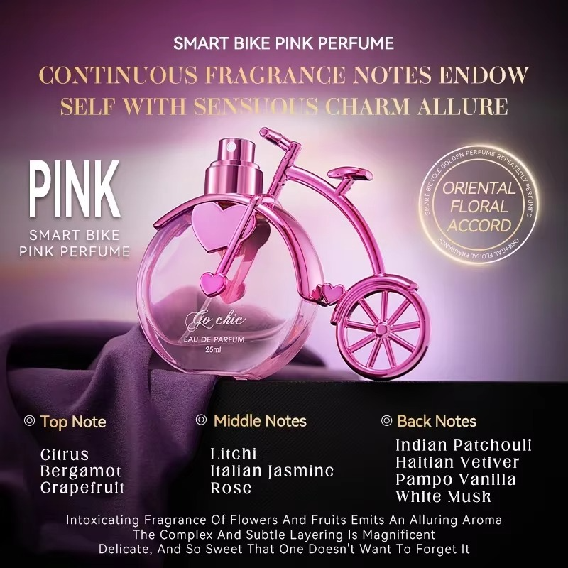 25ml Pink Bicycle-shaped Perfume for Women Floral Aroma with Citrus Lychee Rose Vanilla Musk Long-wearing Fragrance for Daily