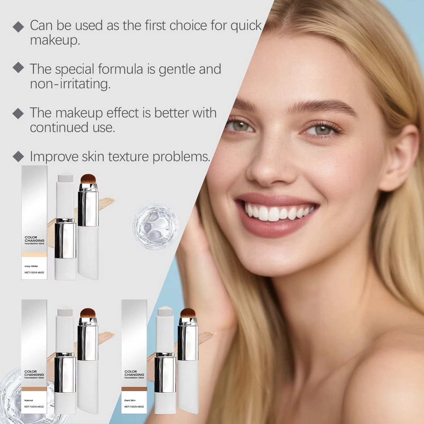 2-in-1 Color-Changing Foundation Stick Full Coverage Lightweight Moisturize Finish Base Makeup Dual-Ended with Detachable Brush