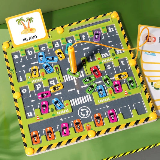 Magnetic Alphabet Maze Wooden Learning Toy Parking Lot Spelling Game Montessori Educational Toys for Kids Fine Motor Development